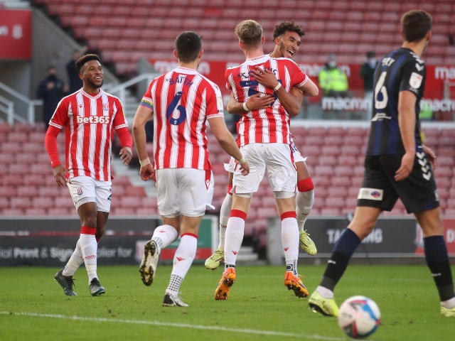 Nathan Collins celebrates scoring for Stoke City against Middlesbrough in the Championship on December 5, 2020