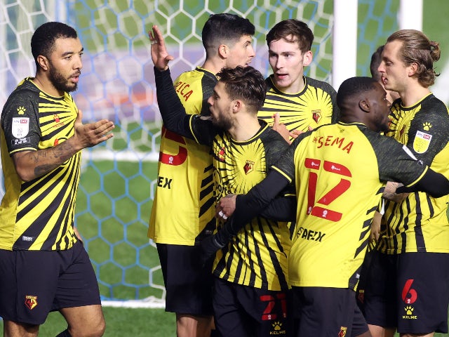 Troy Deeney celebrates after scoring for for Watford against Birmingham City in the Championship on December 12, 2020