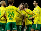 Teemu Pukki celebrates with teammates after scoring for Norwich City against Blackburn Rovers in the Championship on December 12, 2020