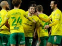 Teemu Pukki celebrates with teammates after scoring for Norwich City against Blackburn Rovers in the Championship on December 12, 2020