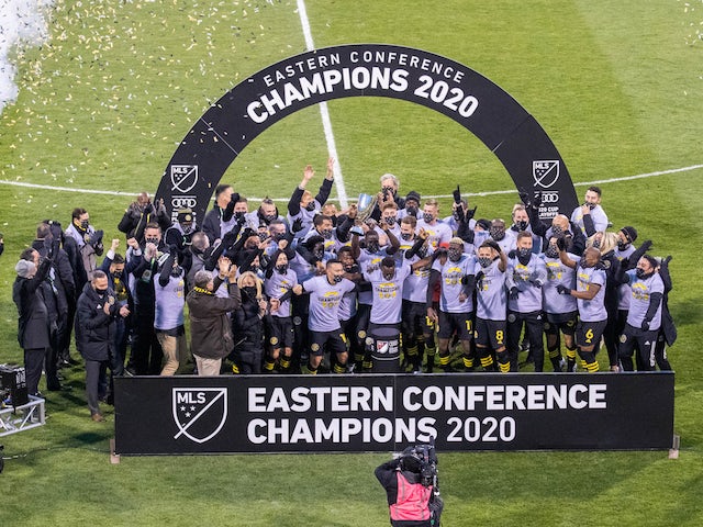 Columbus Crew players celebrate winning the Eastern Conference in the MLS in December 2020
