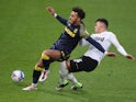 Stoke City's Jacob Brown in action with Derby County's Matthew Clarke in the Championship on December 12, 2020