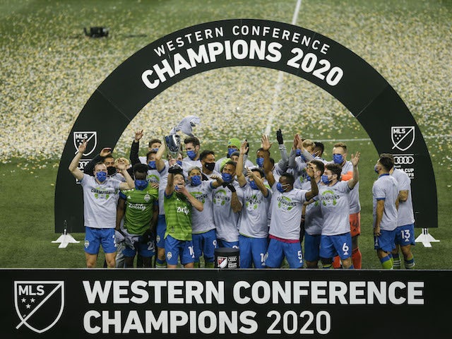 Seattle Sounders players celebrate winning the Western Conference in December 2020