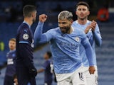 Manchester City's Sergio Aguero celebrates scoring against Marseille in the Champions League on December 9, 2020