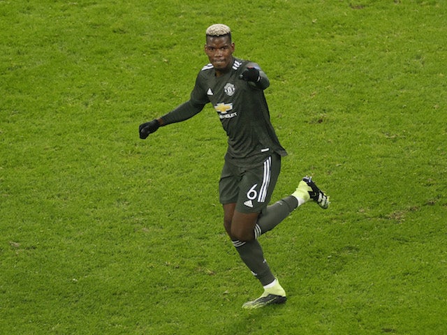 Manchester United's Paul Pogba celebrates scoring against RB Leipzig in the Champions League on December 9, 2020