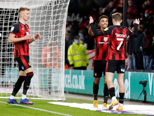 Junior Stanislas celebrates scoring for Bournemouth against Wycombe Wanderers in the Championship on December 15, 2020