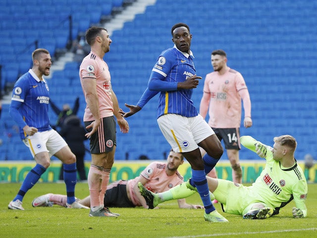 Brighton & Hove Albion's Danny Welbeck celebrates scoring against Sheffield United in the Premier League on December 20, 2020