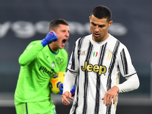 Juventus attacker Cristiano Ronaldo reacts after missing a penalty against Atalanta BC in Serie A on December 16, 2020