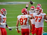 Kansas City Chiefs tight end Travis Kelce celebrates with teammates after scoring a touchdown against the Miami Dolphins on December 13, 2020
