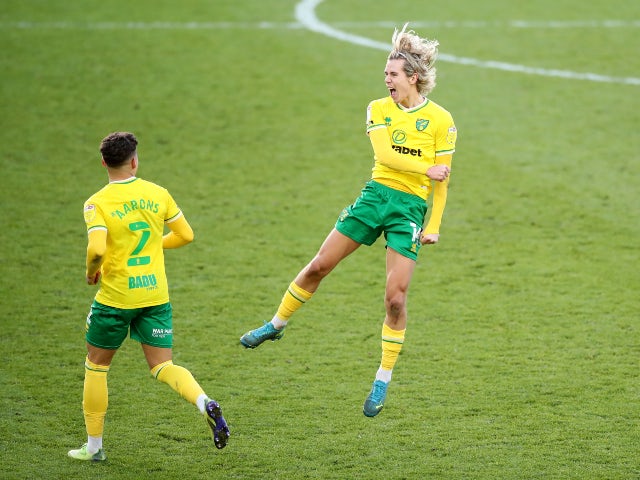 Todd Cantwell celebrates scoring for Norwich City against Cardiff City in the Championship on December 19, 2020