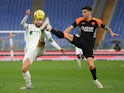 Sassuolo's Domenico Berardi in action with Roma's Roger Ibanez in Serie A on December 6, 2020