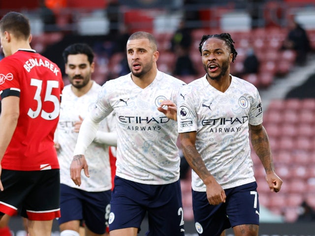 Raheem Sterling celebrates scoring for Manchester City against Southampton in the Premier League on December 19, 2020.