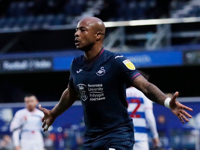Andre Ayew celebrates scoring for Swansea City against Queens Park Rangers on December 26, 2020