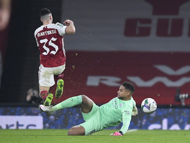 Arsenal's Gabriel Martinelli in action with Manchester City's Zack Steffen in the EFL Cup on December 22, 2020
