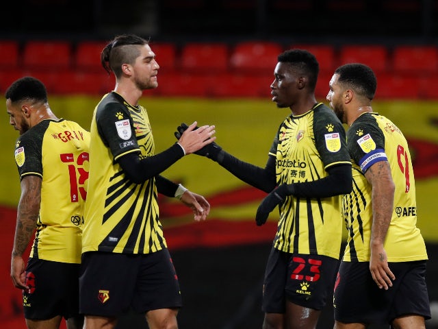 Ismaila Sarr celebrates scoring for Watford against Norwich City in the Championship on December 26, 2020