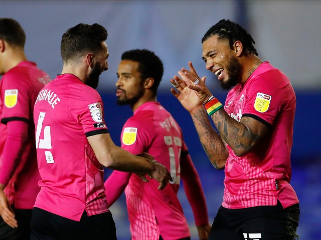 Colin Kazim-Richards celebrates scoring for Derby County against Birmingham City in the Championship on December 29, 2020