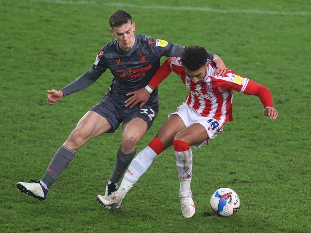 Stoke City's Jacob Brown in action with Nottingham Forest's Ryan Yates in the Championship on December 29, 2020