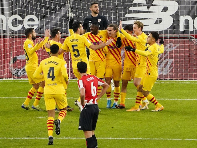 Barcelona's Pedri celebrates scoring against Athletic Bilbao in La Liga on January 6, 2021