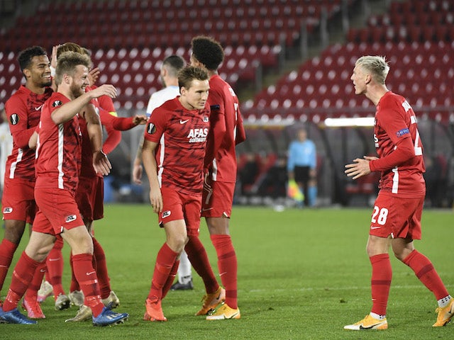 AZ Alkmaar's Albert Guomundsson celebrates scoring their second goal with teammates in October 2020