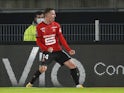 Rennes' Benjamin Bourigeaud celebrates scoring their second goal against Lyon on January 9, 2021