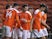 Blackpool's Gary Madine celebrates scoring their second goal with teammates on January 9, 2021