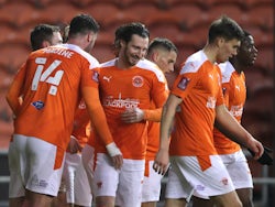 Blackpool's Gary Madine celebrates scoring their second goal with teammates on January 9, 2021