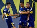 Boca Juniors' Sebastian Villa celebrates scoring their second goal with teammates on January 2, 2021