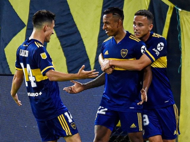 Boca Juniors' Sebastian Villa celebrates scoring their second goal with teammates on January 2, 2021