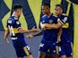 Boca Juniors' Sebastian Villa celebrates scoring their second goal with teammates on January 2, 2021