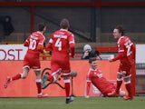 Crawley Town's Jordan Tunnicliffe celebrates scoring against Leeds United in the FA Cup on January 10, 2021
