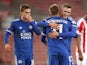 Leicester City's Marc Albrighton celebrates scoring their second goal with Timothy Castagne and Dennis Praet on January 9, 2021