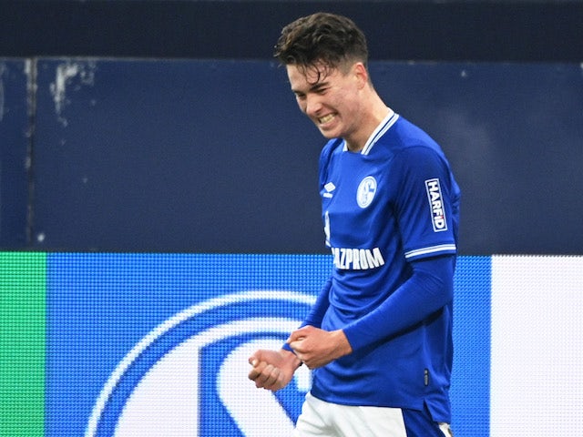 Schalke 04's Matthew Hoppe celebrates scoring their first goal against Hoffenheim on January 9, 2021