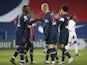 Paris Saint-Germain PSG players celebrate a Moise Kean goal against Brest on January 9, 2021