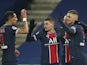 Paris Saint-Germain PSG forward Pablo Sarabia celebrates scoring their third goal with teammates on January 9, 2021