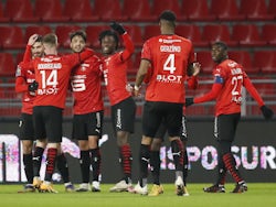 Rennes' Clement Grenier celebrates scoring their first goal with teammates on January 9, 2021