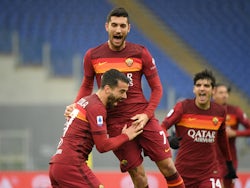 Roma's Lorenzo Pellegrini celebrates scoring their first goal with teammates against Inter Milan on January 10, 2021