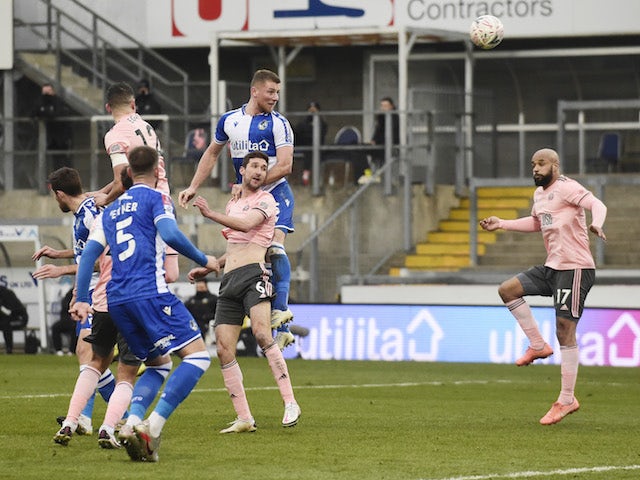 Bristol Rovers' Alfie Kilgour scores their first goal against Sheffield United on January 9, 2021