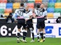 Udinese's Kevin Lasagna celebrates scoring their first goal with teammates on January 10, 2021