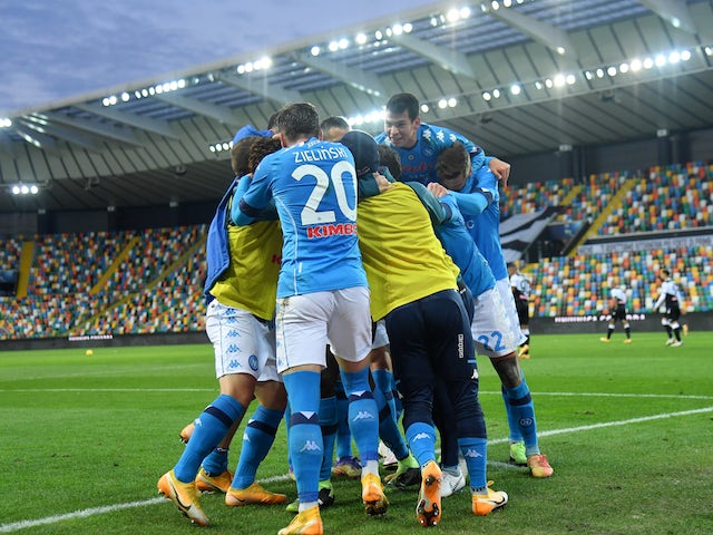 Napoli players celebrate scoring against Udinese on January 10, 2021