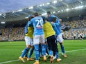 Napoli players celebrate scoring against Udinese on January 10, 2021