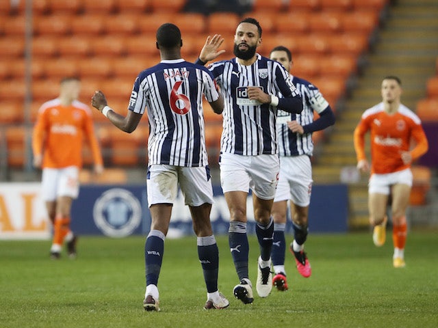 West Bromwich Albion's Semi Ajayi celebrates scoring their first goal with teammate Kyle Bartley on January 9, 2021