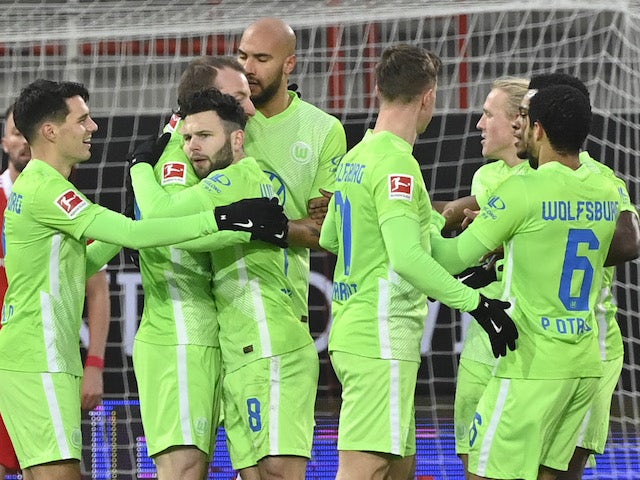 Wolfsburg's Renato Steffen celebrates scoring their first goal with teammates against Union Berlin on January 9, 2021