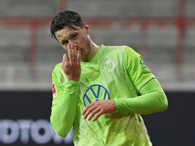 Wolfsburg's Wout Weghorst celebrates scoring their second goal on January 9, 2021
