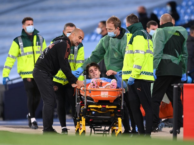 Manchester City's Adrian Bernabe goes off injured against Bournemouth in the EFL Cup on September 24, 2020