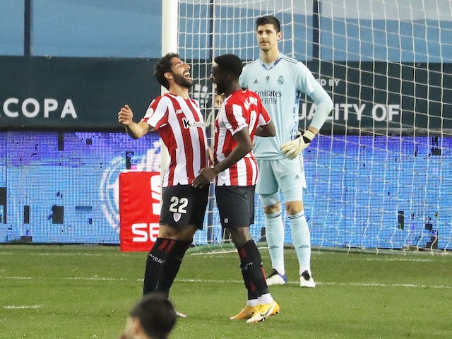 Athletic Bilbao's Raul Garcia celebrates scoring against Real Madrid in the semi-finals of the Spanish Super Cup on January 14, 2021