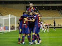Barcelona's Antoine Griezmann celebrates scoring their second goal with teammates pictured on January 17, 2021