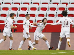 Bordeaux's Paul Baysse celebrates scoring their second goal with teammates on January 17, 2021
