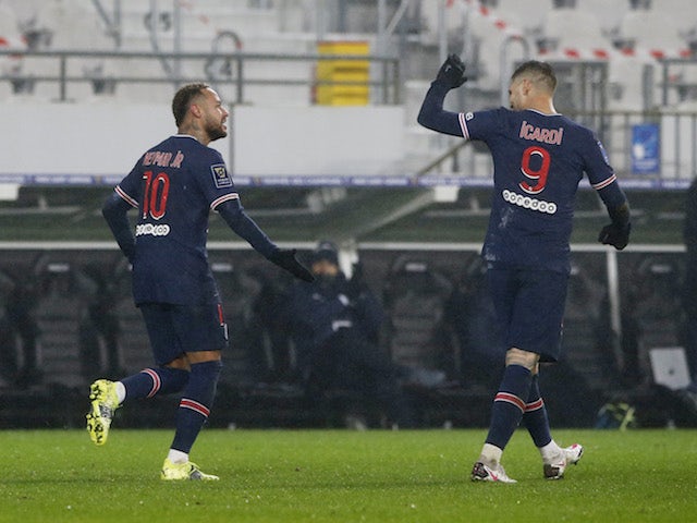 Paris Saint-Germain's Neymar celebrates scoring against Marseille in the Trophee des Champions on January 13, 2021