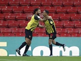 Watford's Joao Pedro celebrates scoring their second goal with Troy Deeney on January 16, 2021