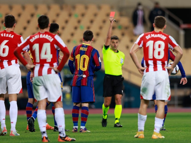 Lionel Messi is sent off for Barcelona against Athletic Bilbao in the Spanish Super Cup on January 17, 2021